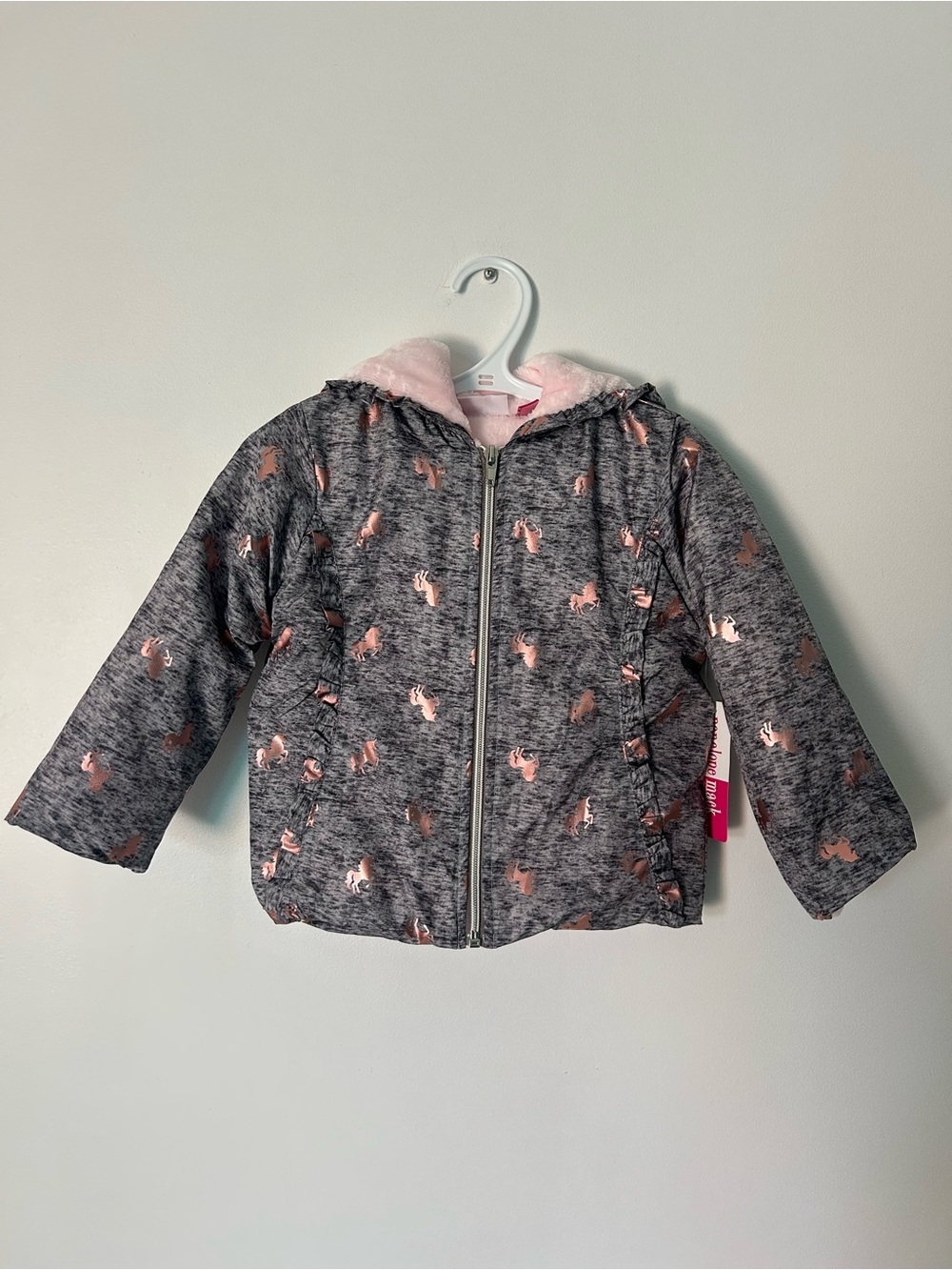 Girls' Gray Hooded Jacket with Pink Foil Unicorns - Fleece Lined